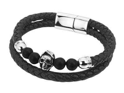 Amanto Armband Djonno C - 316L Staal - Leer - Doodskop - 12mm - 22cm
