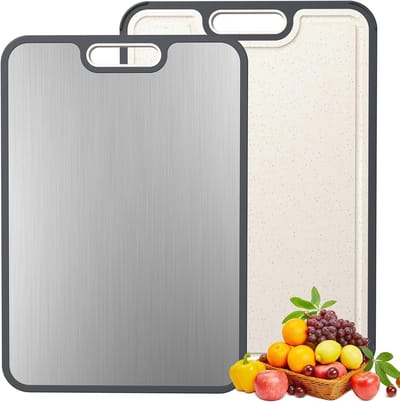 1 stuk Dubbelzijdige snijplank - Dubbelzijdige titanium snijplank - Snijplank - Titanium en tarwevezel dubbelzijdige snijplank - Tarwestro - Groot formaat - Keuken snijplank - Geschikt voor vlees, fruit - 38,5 x 26,5 x 1,4 cm - Zilver