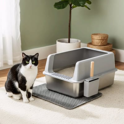 BingoPaw RVS Kattenbak Luxe met Hoge Rand - 60.5x40.5x31 cm - Anti-Spat & Geurloos - Inclusief Gritmat & Eikenhouten Kattenschep - Grijs