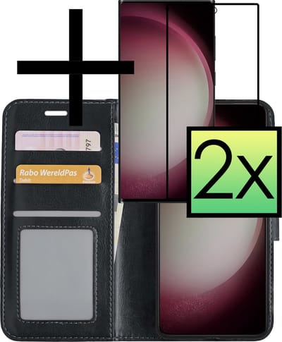 Hoesje - Met 2x Screenprotector - Geschikt voor Samsung Galaxy S23 Ultra - Luxe Pasjeshouder - Bookcase Portemonee - Flip Case - Kunstleer Book Case - Flipcase Hoes - Book Cover - Walletcase - Portemonneehoes - Zwart