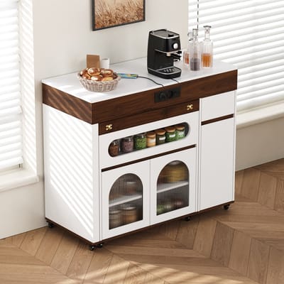 MODENUIT Keukeneiland - Uitschuifbaar Met Stopcontacten - Voor Keuken En Eethoek - MDF - Wit En Walnoot - 187,5 Cm