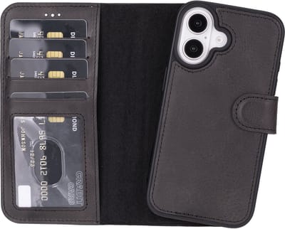 Lykke Leren Hoesje met Pasjeshouder voor iPhone 16 – Handgemaakt Echt Leer – MagSafe Hoesje – Zwart