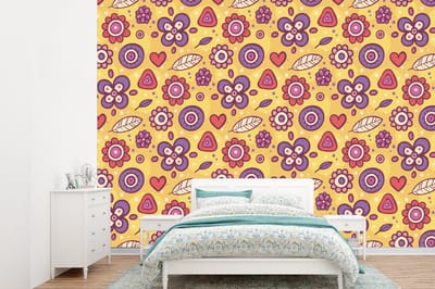 Behang - Fotobehang Patroon - Bloemen - Paars - Oranje - Breedte 360 cm x hoogte 260 cm