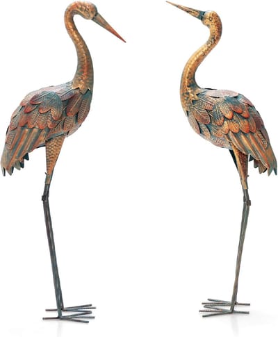 COSTWAY Set van 2 tuinbeelden, kraanvogel, metalen decoratiefiguur voor buiten, vogelsculptuur voor gazon, terras, tuin, tuinfiguur, tuinvogel, metalen figuur, kraandecoratie