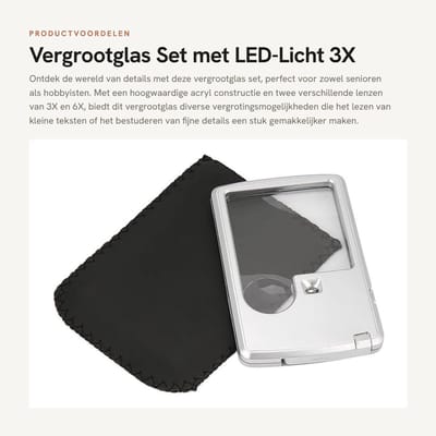 Dailygoods - Vergrootglas Set met LED-Licht - 3X en 6X Lens - Draagbaar en Krasbestendig - Inclusief Lederen Tas - Ideaal voor Senioren en Hobbyisten