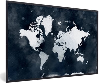 Poster in lijst - Fotolijst 90x60 cm - Posters - Wereldkaart - Blauw - Waterverf - Posterlijst zwart - Decoratie - Wanddecoratie woonkamer - Muurdecoratie slaapkamer