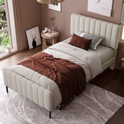 YEHTOKHOME Gestoffeerd Eenpersoonsbed 90x200 cm, Bedframe met lattenbodem en verstelbaar hoofdeinde, Gestoffeerd bed in grijs-beige, Jeugdbed, Linnen materiaal (zonder matras)