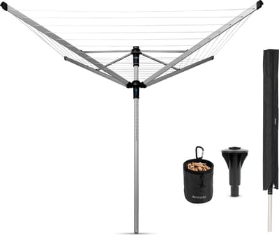 Brabantia Lift-o-Matic Advance Droogmolen - met Kunststof Betonanker, Beschermhoes en Wasknijpertasje - 50 m - Metallic Grey