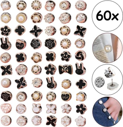 Fako Bijoux - 60x Pin Broche Mini - Steek Pin Knopen Set - 60 Mini Broches - 8-12mm - Silver, Gold, White & Black - 60 Stuks - Zilver, Goud, Wit & Zwart - Supermix