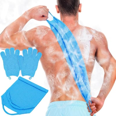 Exfoliërende Badhandschoenen Set voor Lichaamspeeling, Douchetowel en Rugreiniger voor Dode Huid Verwijderen (Blauw)