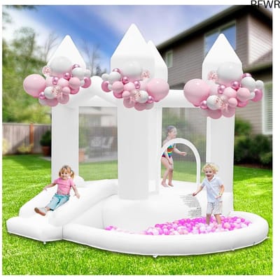 RFWR® Opblaasbaar kinderkasteel met glijbaan en ballenbad voor kinderen van 3-10 jaar, ideaal voor feestjes en tuinactiviteiten