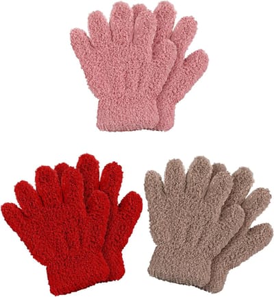 3 Paar Volledige Vinger Gebreide Winterhandschoenen voor Kinderen in Lichtroze, Rood en Khaki, Geschikt voor 4-7 Jaar