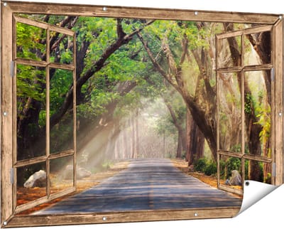 Gards Tuinposter Doorkijk Weg Omringd met Bomen - 150x100 cm - Tuindoek - Tuindecoratie - Wanddecoratie buiten - Tuinschilderij