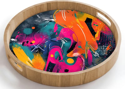 Dienblad rond 40x40 cm - Schootdienblad hout - Abstract - Graffiti - Kleurrijk - Verfspatten - Borrelplank rechthoek - Plateau houten dienbladen