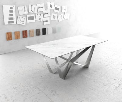 Eettafel Edge Laminam® keramiek wit 200x100cm middenvoet vlak staal zilver