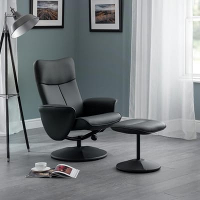 Moderne Zwarte Fauteuil en Voetenbank met Draai- en Leunfunctie