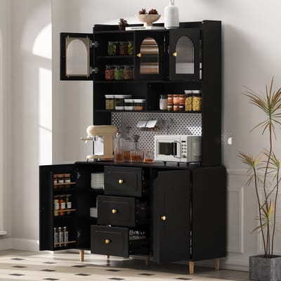 HAUSS SPOLE Hoge Kast - Opbergkast Met Geribbeld Glas En Pegbord - Met 2 Deuren En 3 Lades Voor Keuken En Eetkamer - MDF - Zwart - 120x40x190 Cm