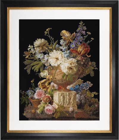 Thea Gouverneur - Borduurpakket met telpatroon - 580.05 - Voorgesorteerde DMC Garens - Bloemstilleven met albasten vaas. Gerard van Spaendonck. 1783 - Zwart Aida 7 kruisjes/cm- 65 cm x 50 cm - DIY Kit