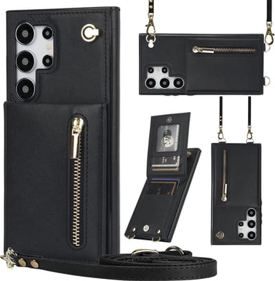 Stravo Samsung Galaxy S25 Ultra Portemonnee Hoesje met Rits, Kaarthouder en Crossbody Lanyard Tas [Afneembare Schouderriem] met Kickstand - Zwart