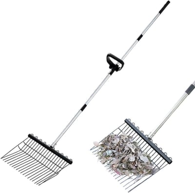 Metalen rieten hark - Ergonomisch tuingereedschap - Tuin opruimen - Verstelbaar handvat - 166 cm lengte - Zwart