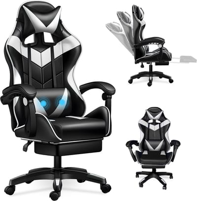 Gaming Stoel met Masserende Lendensteun-Hoofdsteun en Voetsteun-in hoogte Verstelbaar-Kantelbaar 90°-135°-Wit