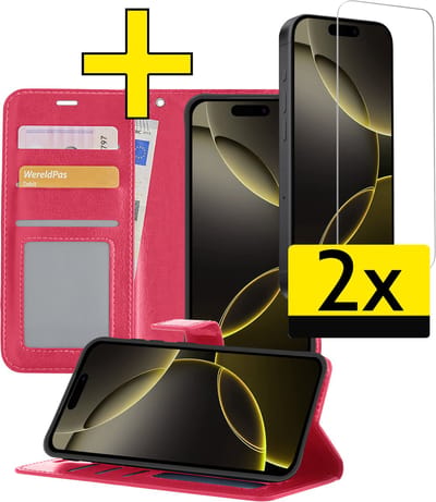 Hoesje - Met 2x Screenprotector - Geschikt voor Apple iPhone 16 Pro - Luxe Pasjeshouder - Bookcase Portemonee - Flip Case - Kunstleer Book Case - Flipcase Hoes - Book Cover - Walletcase - Portemonneehoes - Telefoonhoesjes - Donkerroze