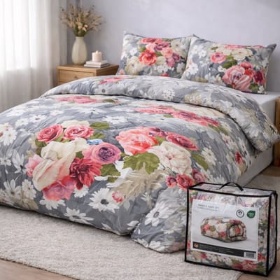 Valking Bedrukt Dekbed - Dekbed Zonder Overtrek - Grijs met Rozen - 200 x 220 cm - Hoesloos - 2 in 1 dekbed - Wasbaar
