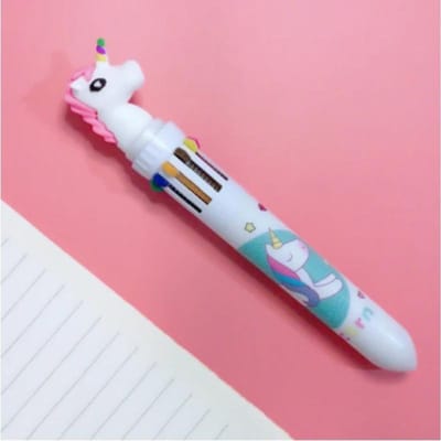Stylo à bille couleur dix couleurs pièce unique Stylo de bureau Fournitures Cadeau Charmant Kawaii Dessin animé Licorne Stylos multicolores Papeterie scolaire rose