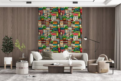 Behang - Fotobehang Patronen - Huis - Boom - Jongens - Kinderen - Kids - Breedte 165 cm x hoogte 220 cm