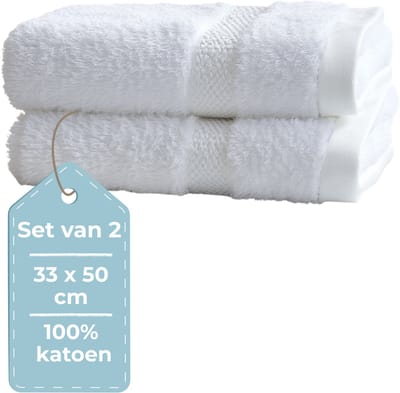 HUSH Living - Gastendoek - Set van 2 - 33×50 cm - 100% Katoen - Zware kwaliteit 500g/m2 - Stijlvol Boord en Ophanglus - Wit