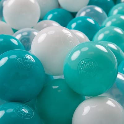 KiddyMoon 700 ∅ 7cm kinderballen speelballen voor ballenbad baby plastic ballen made in eu, licht turquoise/wit/transparant/turquoise