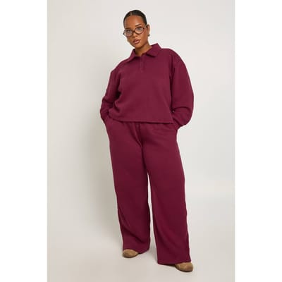 boohoo Dames Sweatshirt met pluskraag en knoopsluiting & gecoordineerde set met wijde pijpen | Burgundy | Maat: 16