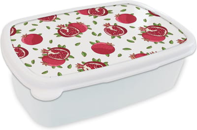 Broodtrommel Wit - Lunchbox - Brooddoos - Fruit - Bladeren - Patroon - Granaatappel - 18x12x6 cm - Volwassenen