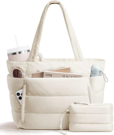 Puffer Tote Bag voor Dames - Lichtgewicht Donzige Schouderhandtas - Met Afneembaar Klein Tasje & Handig Laptopvak - Incl. Trolley Sleeve voor Reizen - Voor Kantoor, Woon-werkverkeer & Dagelijks Gebruik - Crème