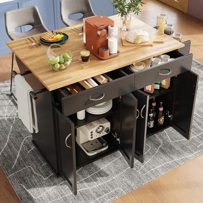 Keuken Eiland - Buffetkast Keuken - Opslag en Eten - Verstelbaar Tafelblad - 106x50x90.5cm - Zwart