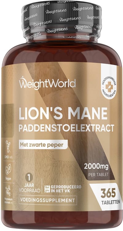WeightWorld Lion's Mane tabletten - 2000 mg - 365 tabletten voor 1 jaar voorraad - Verrijkt met zwarte peper - Hericium erinaceus (pruikzwam)