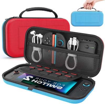 Draagbare Hard Shell Beschermcase voor Nintendo Switch 2, Reis Etui met Opbergruimte voor 10 Cartridges en Accessoires, Rood Blauw
