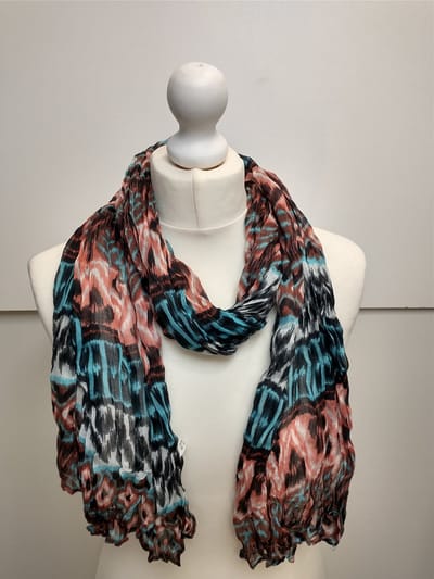 Lange dames sjaal Edite fantasiemotief licht meloen bruin wit zwart turquoise