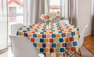 ABAKUHAUS Niet-rechte witte ronde tafelkleed, cirkelvormige tafelkleedbekleding voor keukendecoratie in de eetkamer, 150 cm, crème en meerkleurig