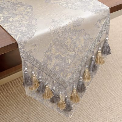 Tafelloper met Kwastjes, Dubbellaags Damast Tafelkleed voor Eettafel/ Eetkamer/ Restaurant/ Festivaldecoratie (33x274 cm, Beige)
