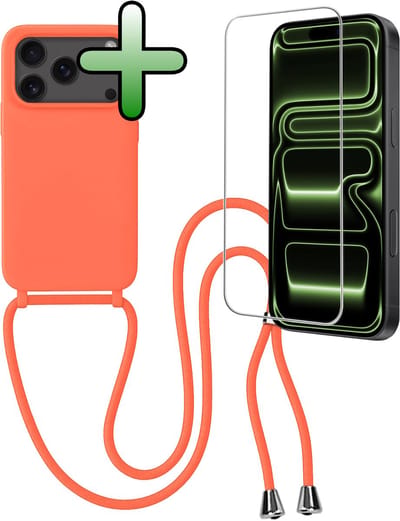 Hoes Geschikt voor iPhone 17 Pro / 18 Pro Hoesje Met Koord Met Screenprotector - Telefoonhoesje Geschikt voor iPhone 17 Pro / 18 Pro Backcover Met Afneembaar Koord - Papaya
