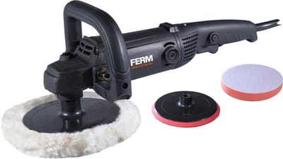 FERM - Polijstmachine - set - Haakse poetsmachine - 180mm - 1400 Watt - met - constante snelheid - met set - Polijstschijven - en - schuurpapier set - AGM1120P_S