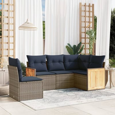 vidaXL - 5-delige - tuinbankset - met - kussens, - grijs - polyrotan