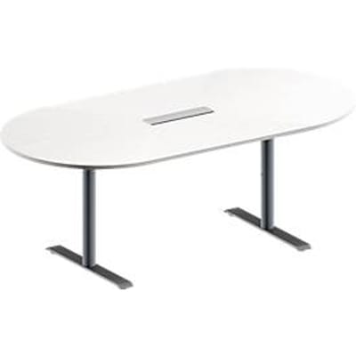 Schäfer Shop Genius Vergadertafel MODENA FLEX, in hoogte verstelbaar, 6-voudige contactdoos, ovale vorm, T-poot ronde buis, B 2000 x D 1000 mm, wit