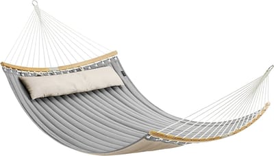 SONGMICS Hangmat voor 2 personen, gewatteerd, met deelbare gebogen spreidstangen van bamboe, met kussen, Oxford-weefsel, 200 x 140 cm, tot 225 kg belastbaar, bruin-grijs