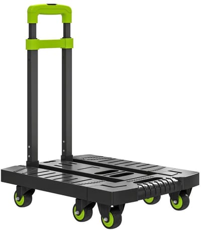 Daity Een opvouwbare metalen trolley met wielen en een verstelbare handgreep, afmetingen 49 x 35 x 102 cm, in het groen.