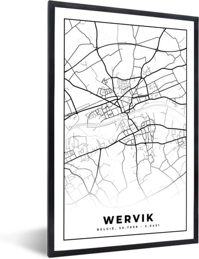 Fotolijst incl. Poster Zwart Wit- België – Wervik – Stadskaart – Kaart – Zwart Wit – Plattegrond - 40x60 cm - Posterlijst