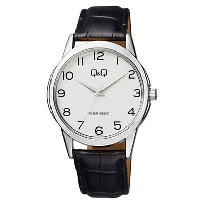 Q&Q Q860J304Y - Horloge - Analoog - Mannen - Heren - Leren band - Rond - Metaal - Cijfers - Zwart - Zilverkleurig - 3ATM