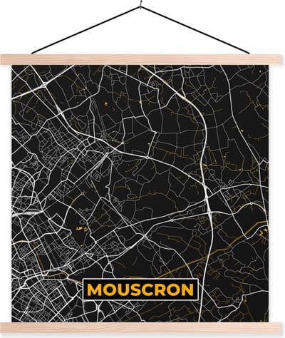 Posterhanger incl. Poster 40x40 cm - Schoolplaat - Plattegrond - Stadskaart - Goud - Mouscron - Kaart - Textielposter - Blanke latten - Stadskaart