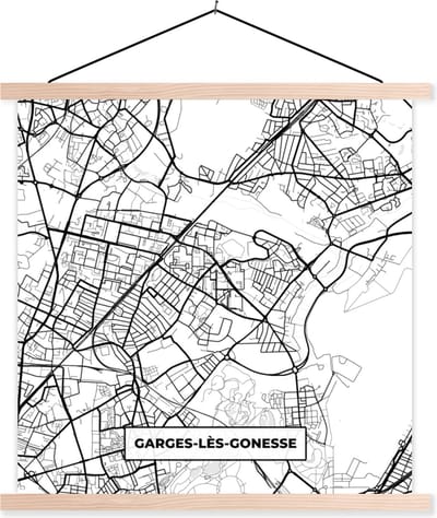 Posterhanger incl. Poster 40x40 cm - Schoolplaat - Stadskaart - Plattegrond - Garges-lès-Gonesse - Kaart - Frankrijk - Zwart wit - Textielposter - Blanke latten - Stadskaart